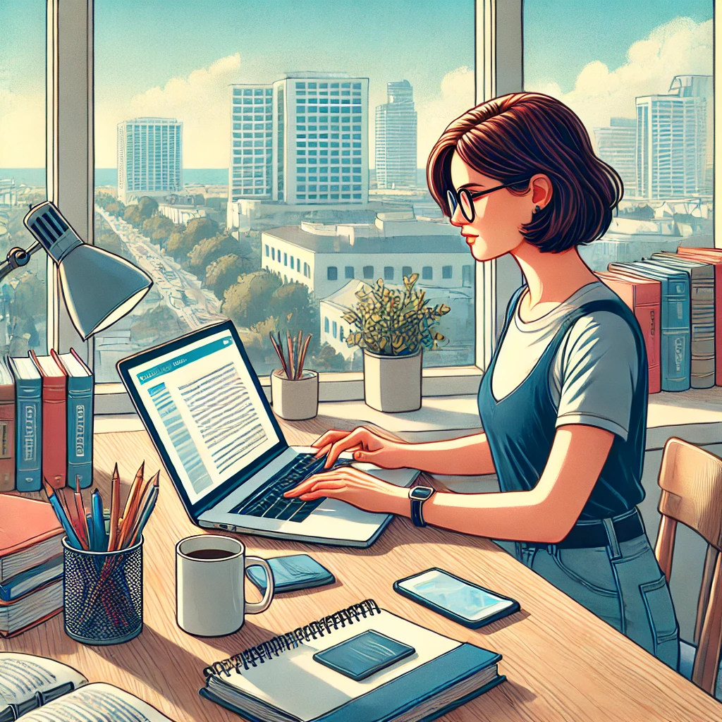 DALL·E-2024-06-19-16.32.41-A-professional-content-writer-at-a-desk-typing-on-a-laptop-surrounded-by-books-and-notepads-with-a-window-showing-a-view-of-Tel-Aviv-in-the-backgro